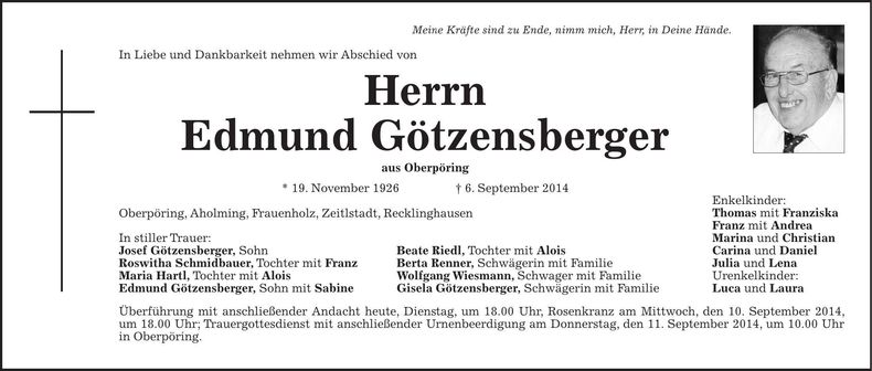 Traueranzeige Edmund Götzensberger