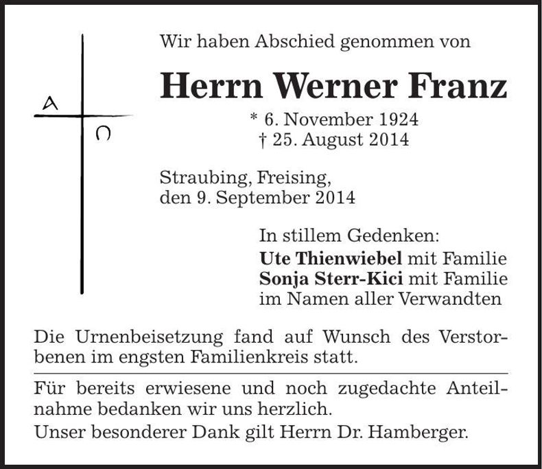 Traueranzeige Werner Franz