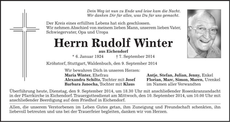 Traueranzeige Rudolf Winter