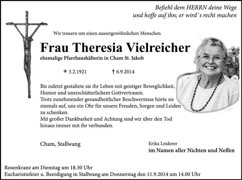 Traueranzeige Theresia Vielreicher