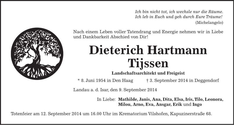 Traueranzeige Dieterich Hartmann Tijssen