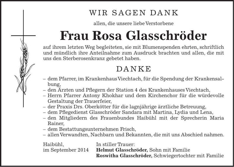 Traueranzeige Rosa Glasschröder