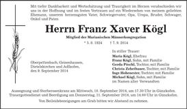 Traueranzeige Franz Xaver Kögl