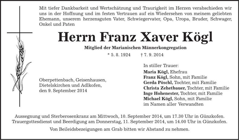 Traueranzeige Franz Xaver Kögl