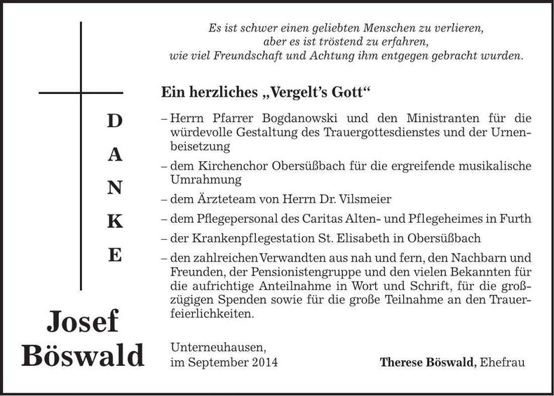 Traueranzeige Josef Böswald