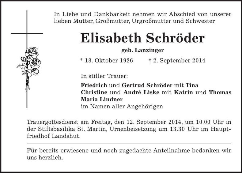 Traueranzeige Elisabeth Schröder