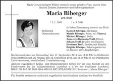 Traueranzeige Maria Biberger