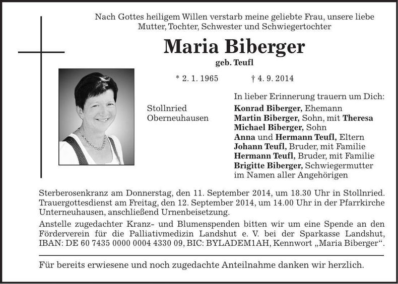 Traueranzeige Maria Biberger