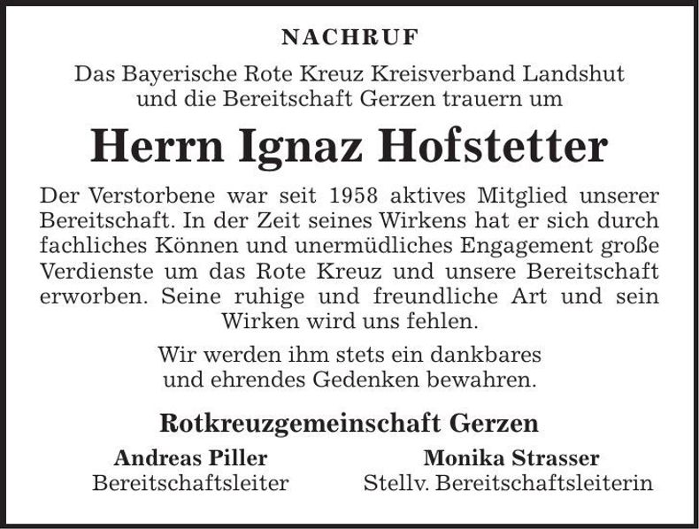 Traueranzeige Ignaz Hofstetter