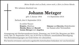 Traueranzeige Johann Metzger