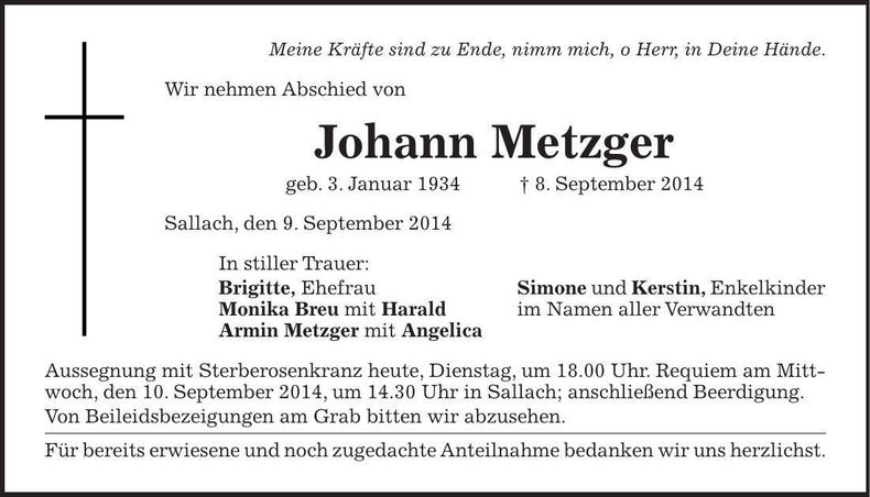 Traueranzeige Johann Metzger