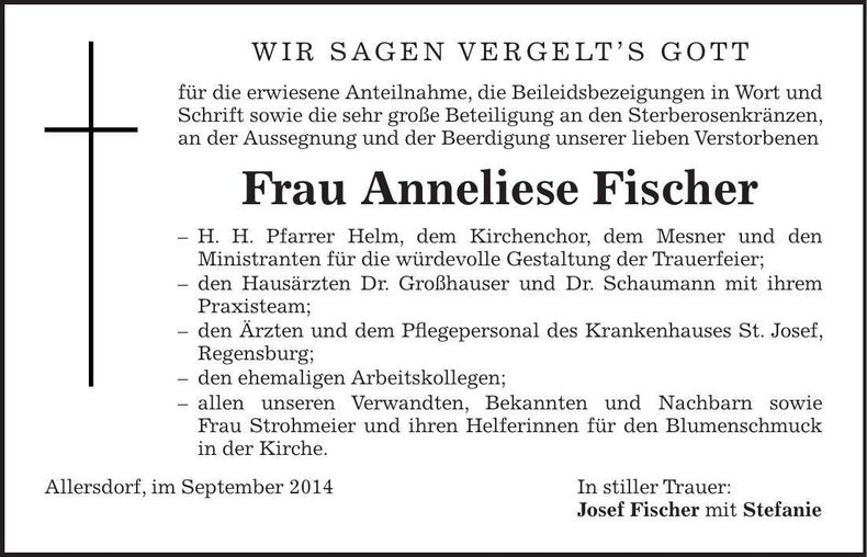 Traueranzeige Anneliese Fischer