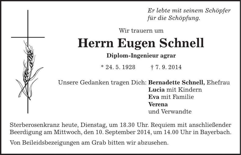 Traueranzeige Eugen Schnell