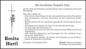 Traueranzeige Rosita Hartl