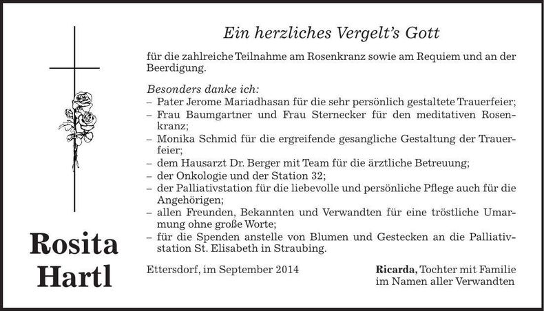 Traueranzeige Rosita Hartl
