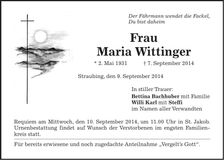 Traueranzeige Maria Wittinger