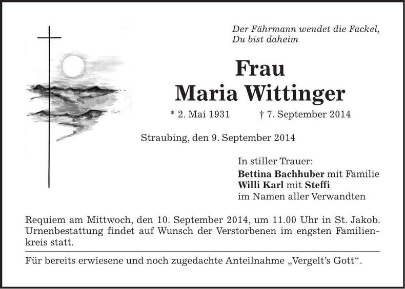 Traueranzeige Maria Wittinger