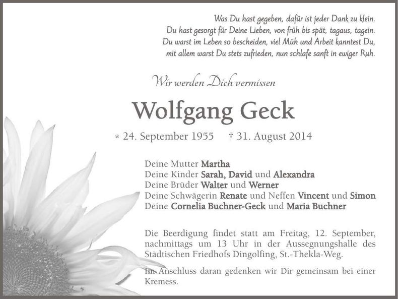 Traueranzeige Wolfgang Geck