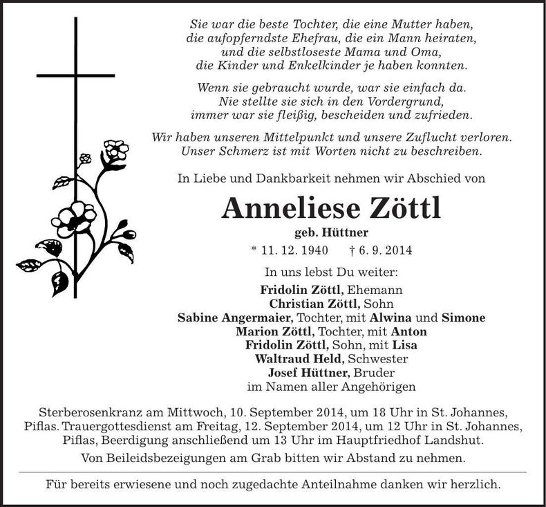 Traueranzeige Anneliese Zöttl