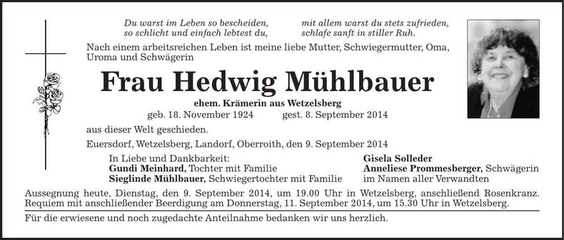 Traueranzeige Hedwig Mühlbauer