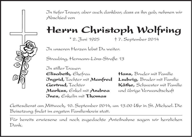 Traueranzeige Christoph Wolfring