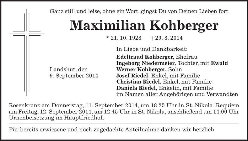 Traueranzeige Maximilian Kohberger