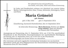 Traueranzeige Maria Grüneisl