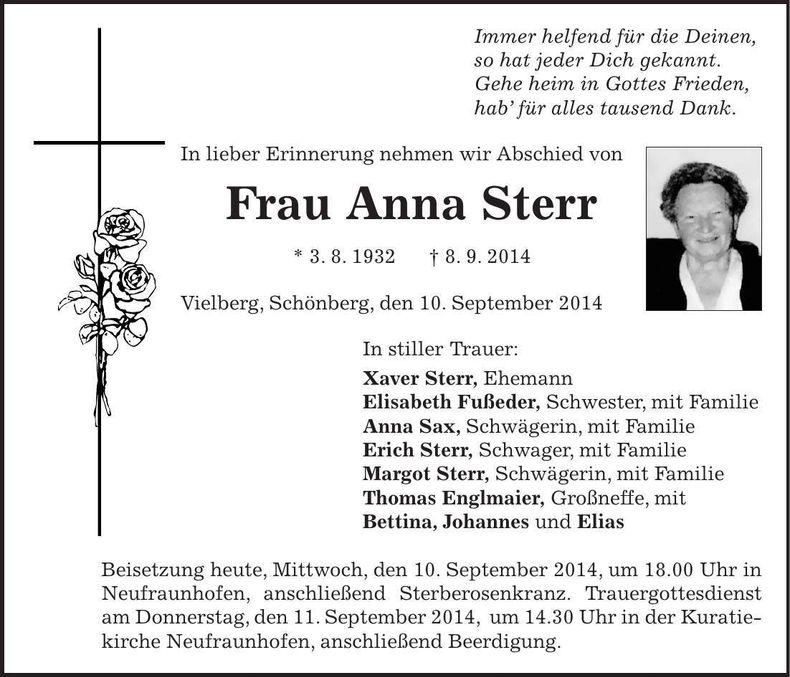 Traueranzeige Anna Sterr