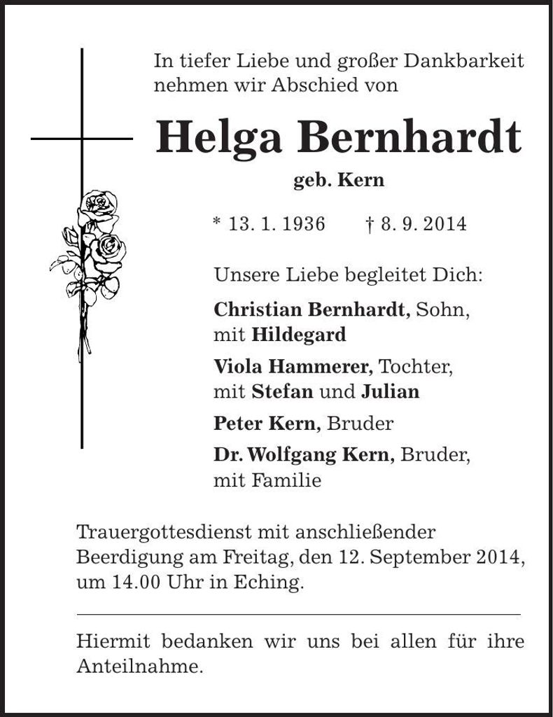 Traueranzeige Helga Bernhardt