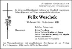 Traueranzeige Felix Woschek