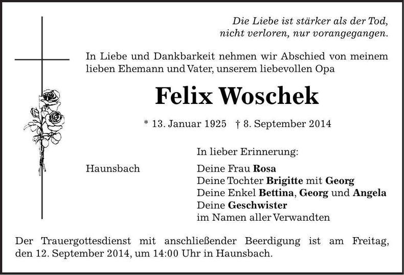 Traueranzeige Felix Woschek