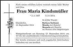 Traueranzeige Maria Kindsmüller