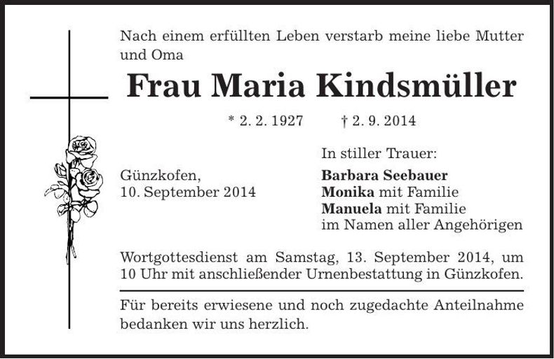 Traueranzeige Maria Kindsmüller