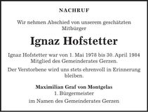 Traueranzeige Ignaz Hofstetter