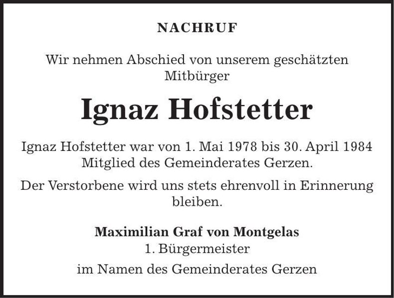 Traueranzeige Ignaz Hofstetter