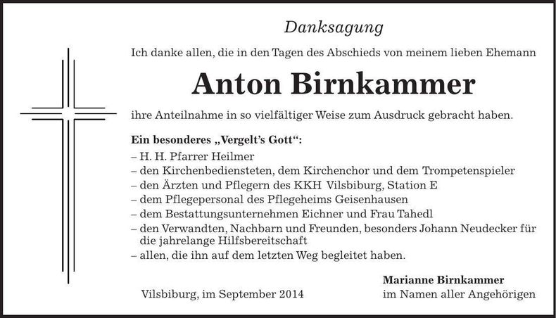 Traueranzeige Marianne Birnkammer