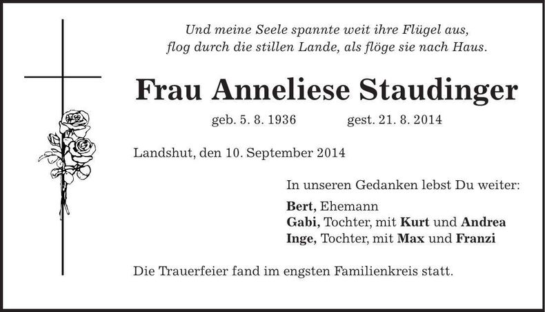 Traueranzeige Anneliese Staudinger