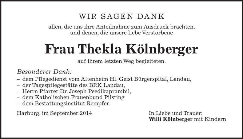 Traueranzeige Thekla Kölnberger