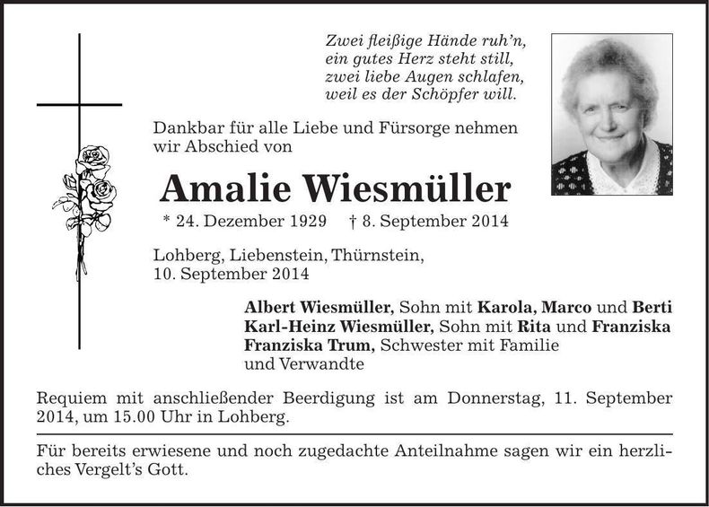Traueranzeige Amalie Wiesmüller