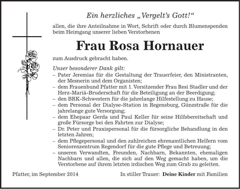 Traueranzeige Rosa Hornauer