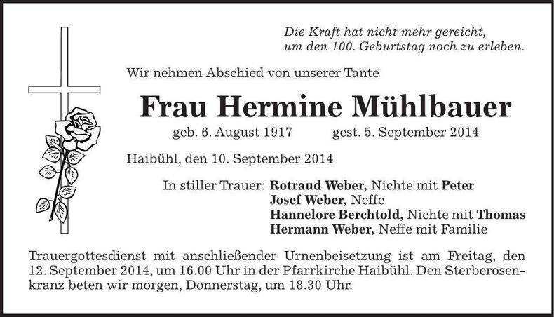 Traueranzeige Hermine Mühlbauer