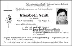 Traueranzeige Elisabeth Seidl