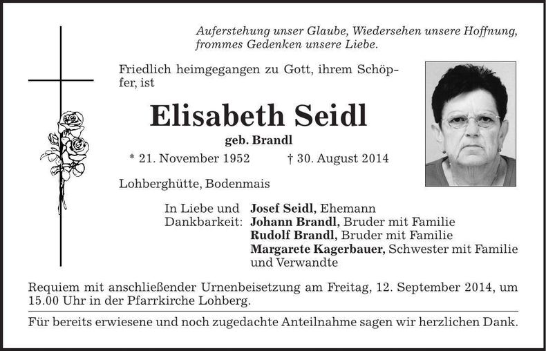 Traueranzeige Elisabeth Seidl