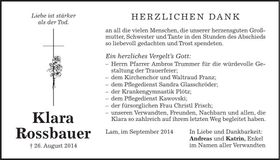 Traueranzeige Rossbauer Klara
