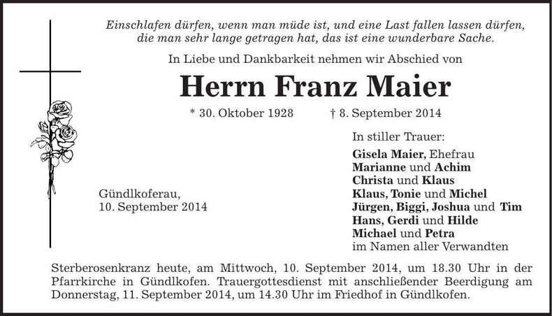 Traueranzeige Franz Maier