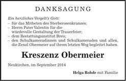 Traueranzeige Kreszenz Obermeier