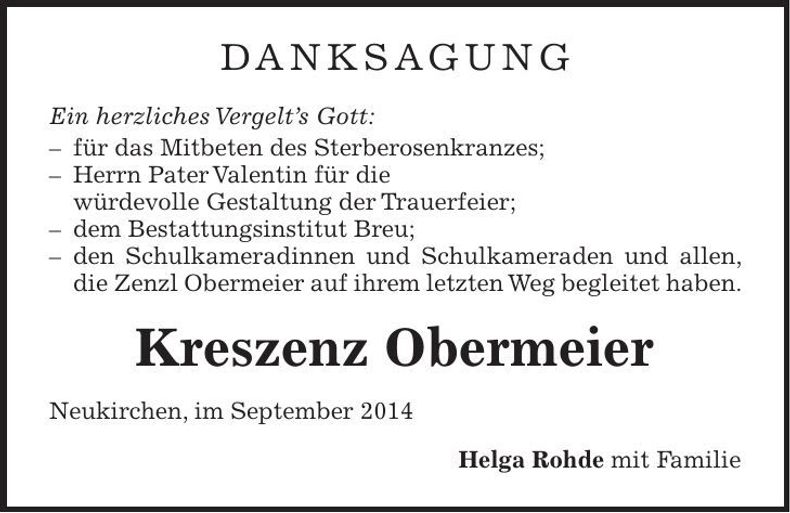 Traueranzeige Kreszenz Obermeier
