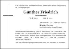 Traueranzeige Günther Friedrich