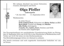Traueranzeige Olga Pfeffer