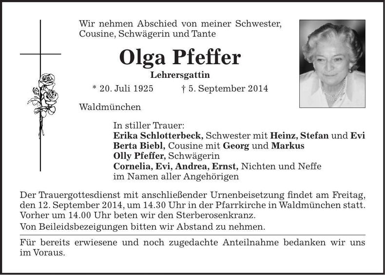 Traueranzeige Olga Pfeffer